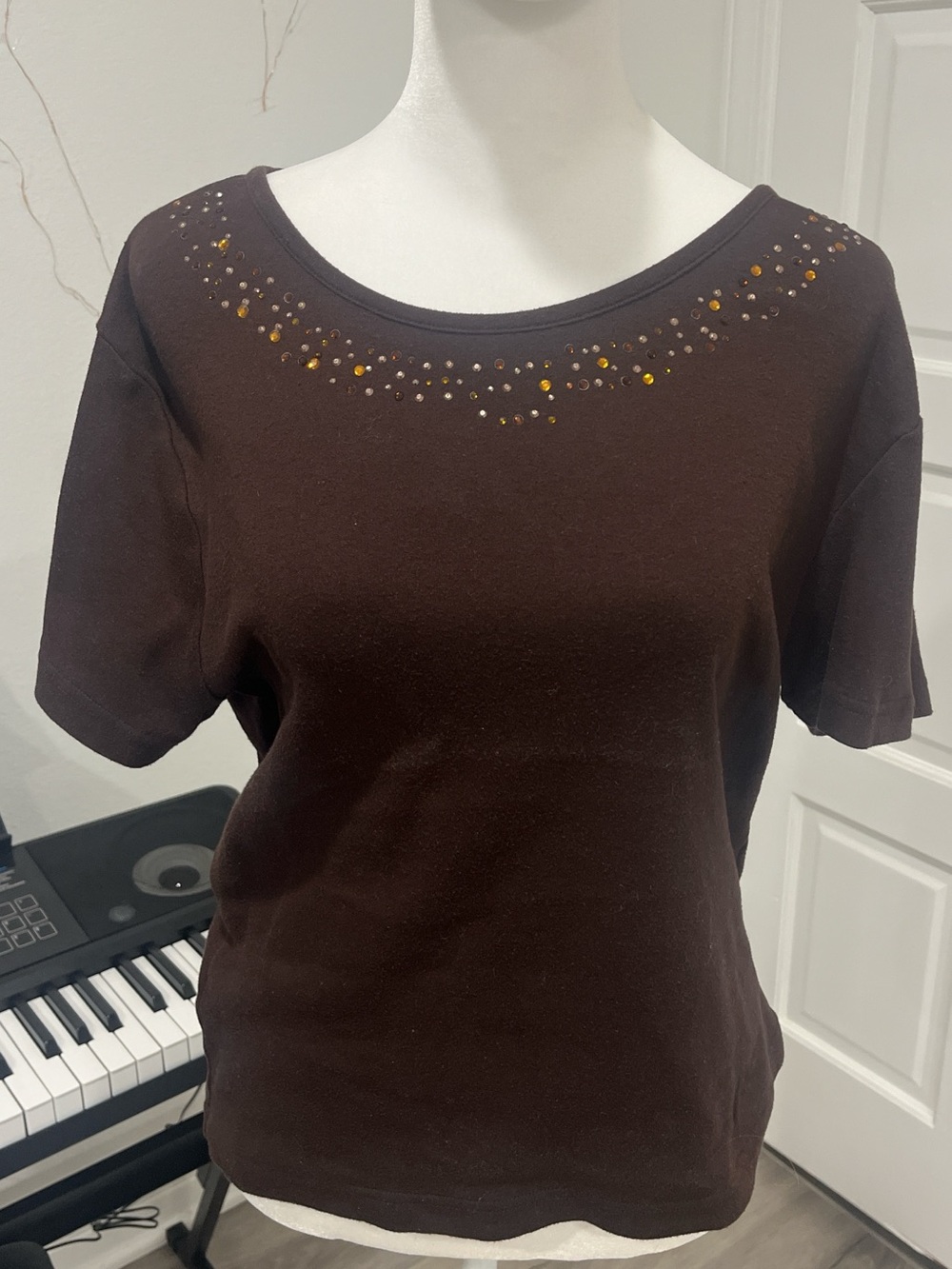 Women's Brown Short-Sleeve Tee with Decorative Neck Gold Rhinestones